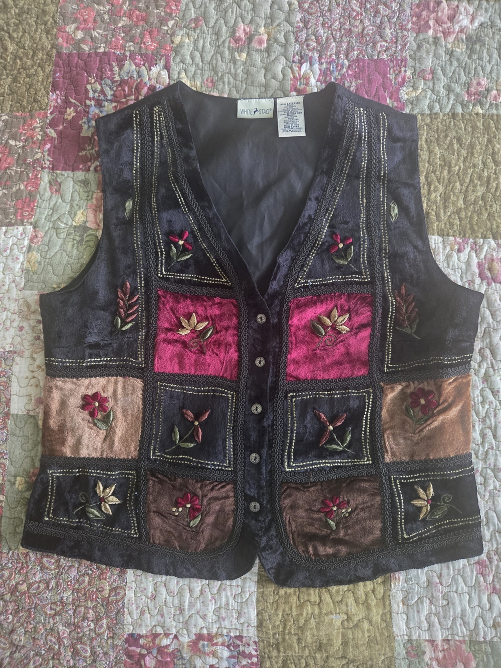90's Velvet Embroidered Patchwork Vest in Black, Pink & Brown, Floral, Whimsy